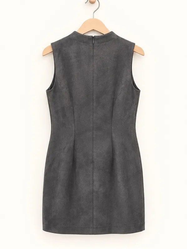 J. McLaughlin Charcoal Gray High Neck Sleeveless Faux Suede Sheath Shift Dress - Image 5