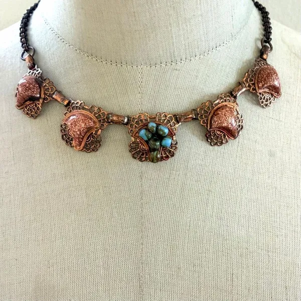 Vintage Copper Filigree Necklace w Goldstone & Turquoise tone Beads - Image 7