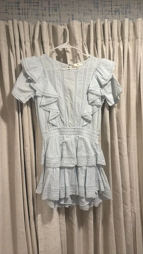 light blue LoveShackFancy eyelet ruffle-tiered mini dress Petite - Image 2