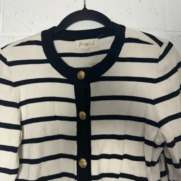 Marled Women Striped Cardigan Sweater White Black Gold‎ Crest Buttons Small prep - Image 2