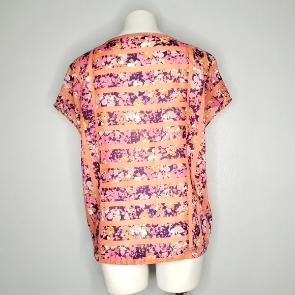 LOFT Floral‎ Striped Short Sleeve Blouse Boho Geometric Summer Top Pink Orange S - Image 4
