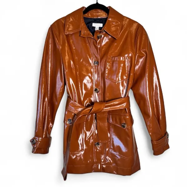 Topshop Brown Faux Patent Leather Trench Coat Jacket Womens 8 Preppy Fall Classy - Image 2