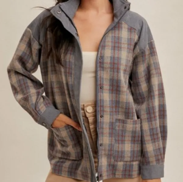 Hem and Thread Blue And Tan Plaid corduroy and twill shacket. Size Large - Image 3