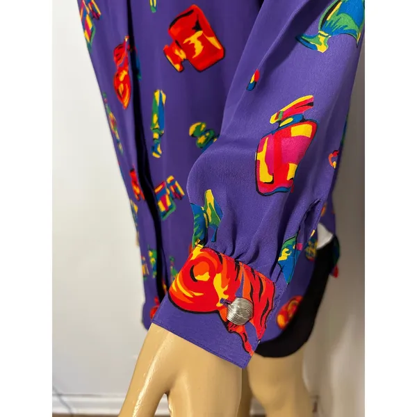 Chaus Vintage 80s Purple Perfume Bottle Print Button Down Blouse Womens Medium 6 - Image 4