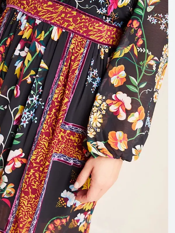 ANTHROPOLOGIE Adair Velvet Trimmed Midi Dress in Black Floral Pattern‎ size 0 - Image 13