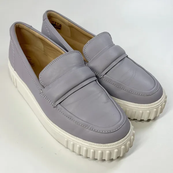 Clarks Women's Lavender Leather Loafers‎ Penny Platform Slip On Size 9.5 W EU 41 - Image 2
