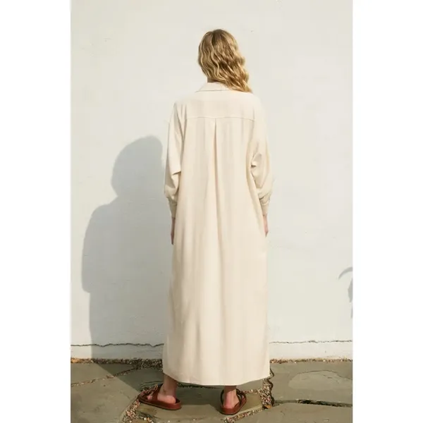 $139 Dress Forum Cotton Linen Pleated Longline Shirt Dress in oatmeal, NWT L - Image 3