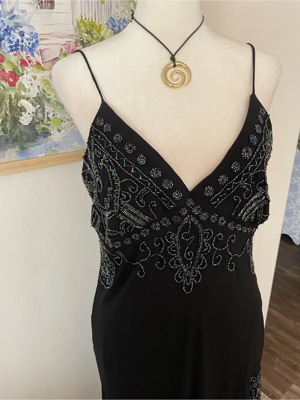 Dressbarn Vintage 90s Y2K Asymmetrical Beaded Ruffle Slip Midi Dress Size US 8 - Image 2