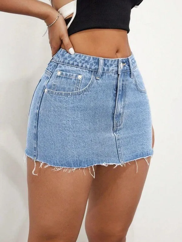 Denim Blue Patchwork Frayed Distressed Hem Mini Skirt - Image 3