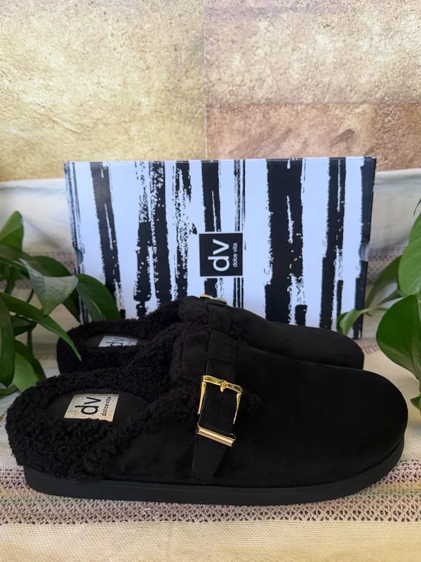 NEW DV Dolce Vita Faux Suede Clog Mule Gold Buckle Black Slide Slippers, Size 9 - Image 3