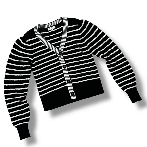 Bagatelle Collection Striped V Neck Cardigan‎ Sweater Black White Small - Image 12