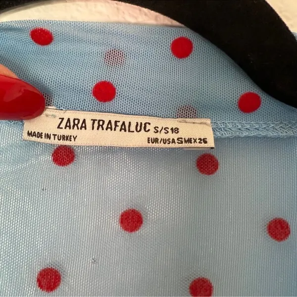 ZARA TRAFALUC baby blue red polka dot semi sheer mesh retro top S B18‎ - Image 6