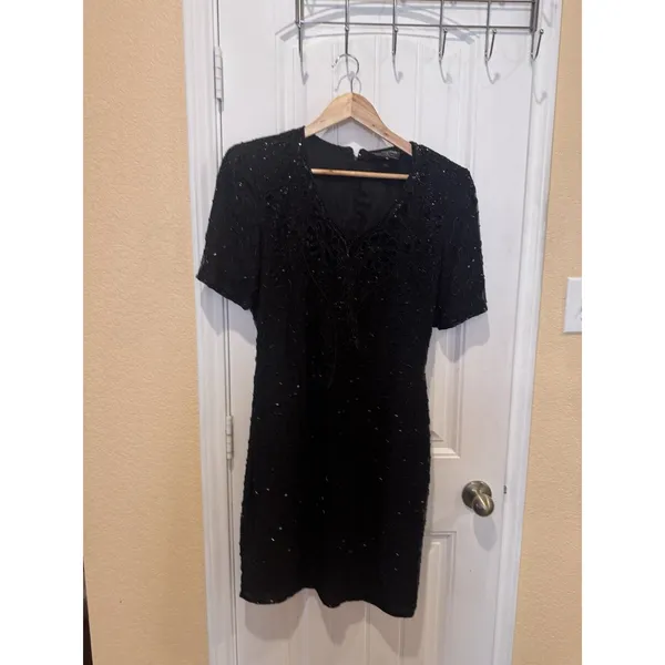 Royal Feelings VTG 80s SILK SEQUIN Dress Flapper 1920s Inspired Black size 10 - Image 2