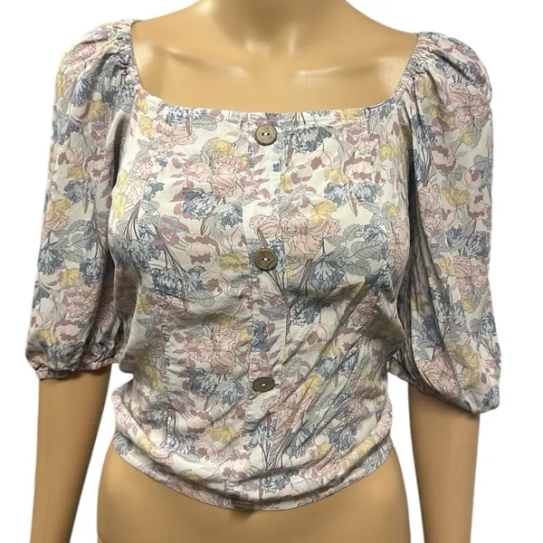 Bohme Floral Faux Button Front Smocked Back Balloon Half Sleeve Top Small - Image 2