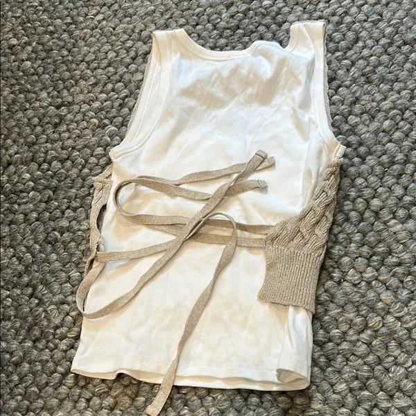 Zara Double Layered White Creme Knit Tie Blouse Size Medium - Image 6