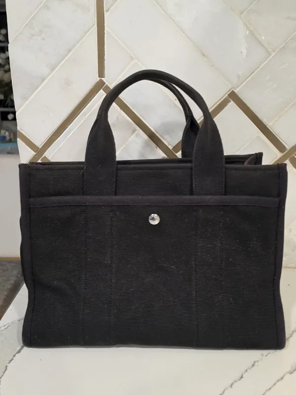 Coach Black Canvas Tote Bag With Gold Logo Spacious Interior Snap Closure Faded - Image 4
