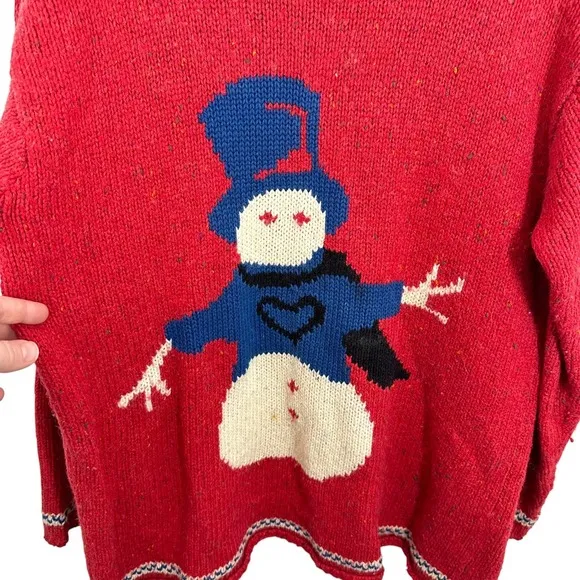 Vintage Northern‎ Isles Red Snowman Mock Neck Knit Sweater Women's L Holiday - Image 4
