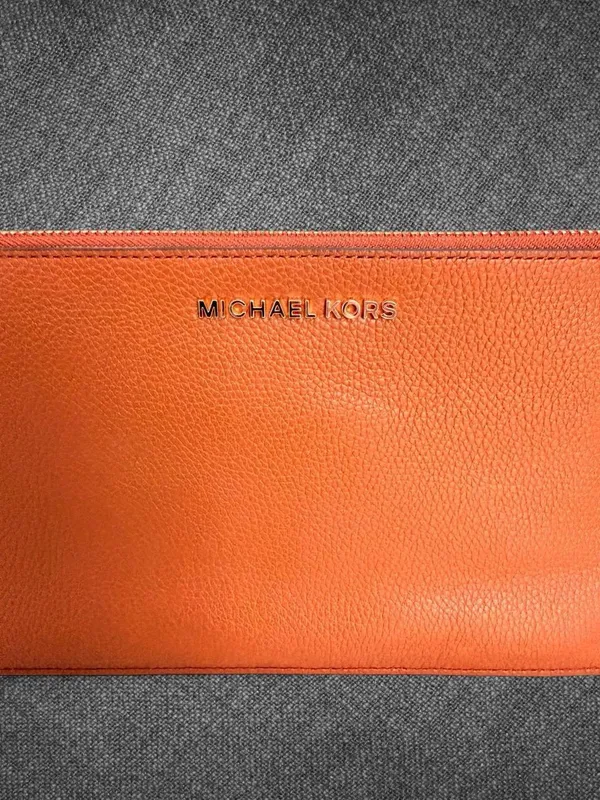 Michael Kors Orange Pebbled Leather Zip Wristlet Clutch - Image 7