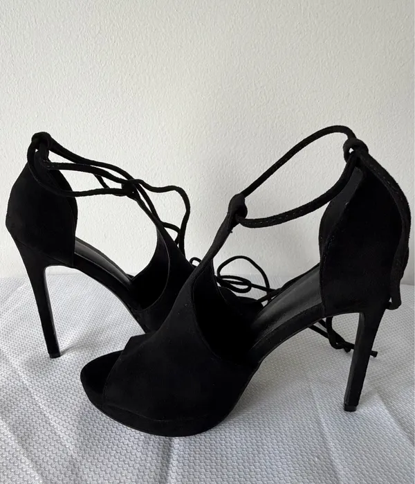 Black Suede Lace-Up Peep Toe Stilettos - Image 7