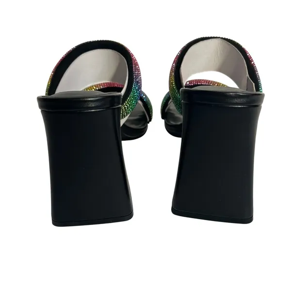 Open Edit Black Rainbow Rhinestone Square Toe‎ Block Heel Mules Slide  Size 8M - Image 6
