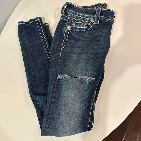 Miss Me Blue Indigo Skinny‎ Denim Jeans Whiskered Distressed Y2K Casual - Image 5