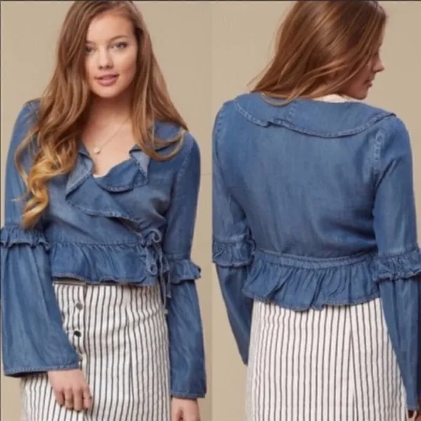 Altar'd State Neenah Preppy Boho Chambray Ruffle Wrap Bell Long Sleeve S‎ - Image 2