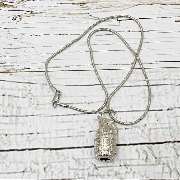 Silver Tone Grenade Pendant Necklace - Image 3