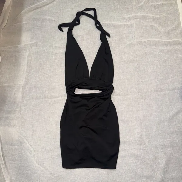 SHEIN Small Black Halter Deep V Neck Ruched Bodycon Formal Dress Open Back NWOT - Image 2