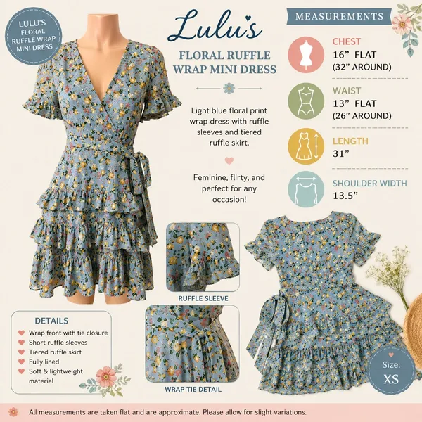 Lulus Floral Wrap Mini Dress Women S Light Blue Tiered Ruffle Sleeve Cottagecore - Image 13