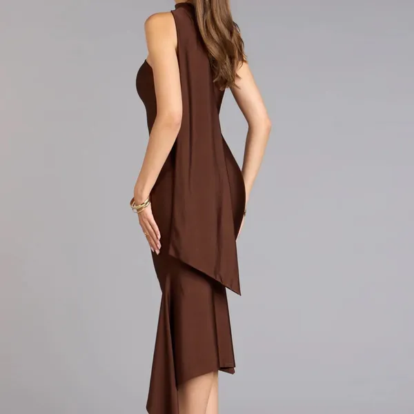 Windsor Brown Satin Mini Dress with Scarf - Image 3