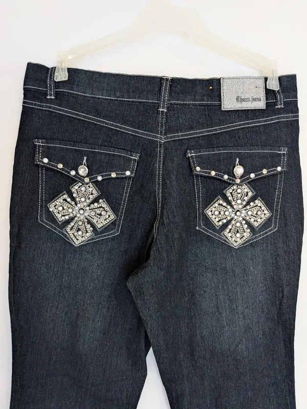 NWT Womens 12 Dark Wash Stretch Bootcut Jeans Y2K Bling Rhinestone Cross Pockets - Image 3
