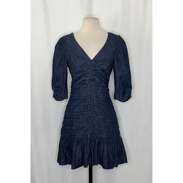 TANYA TAYLOR Pansy Dress Blue‎ Denim Pleated Mini Puffed Sleeves Flirty Size 6 - Image 2