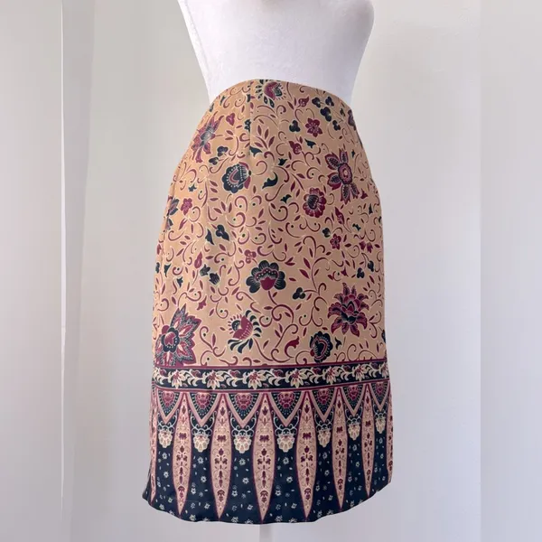 Vintage Y2K Mixit Tan, Burgundy & Black Floral Print Knee Length Wrap Skirt - Image 2