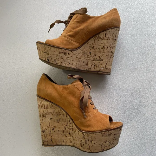 Gianvito Rossi Suede Cork Open Toe Lace Up Platform Shoes Orange/Beige Womens 37 - Image 3