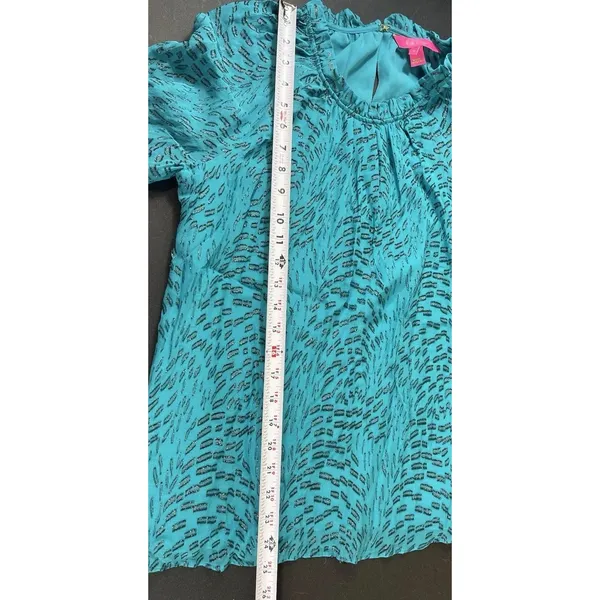 Lilly Pulitzer Silk Metallic Shimmer Blouse M Teal Long Sleeve Sheer Lined Top - Image 9