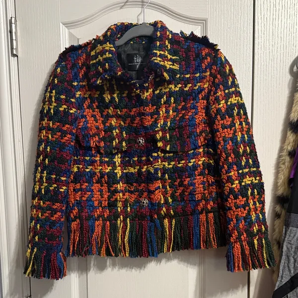 💖Colorful Plaid Woven Yarn Fringe Heavyweight Jacket Dopamine Artsy‎ Maximalist - Image 3