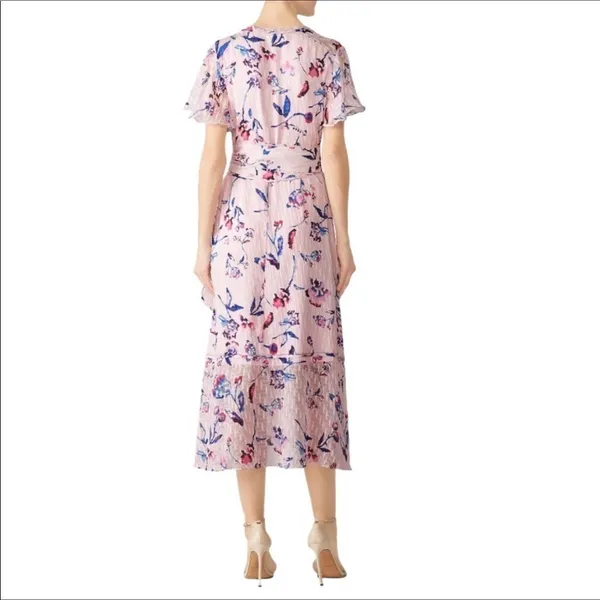 Tanya Taylor Blaire Pink Floral Silk Ruffle MIDI Dress Faux Wrap Flowers v6x - Image 5