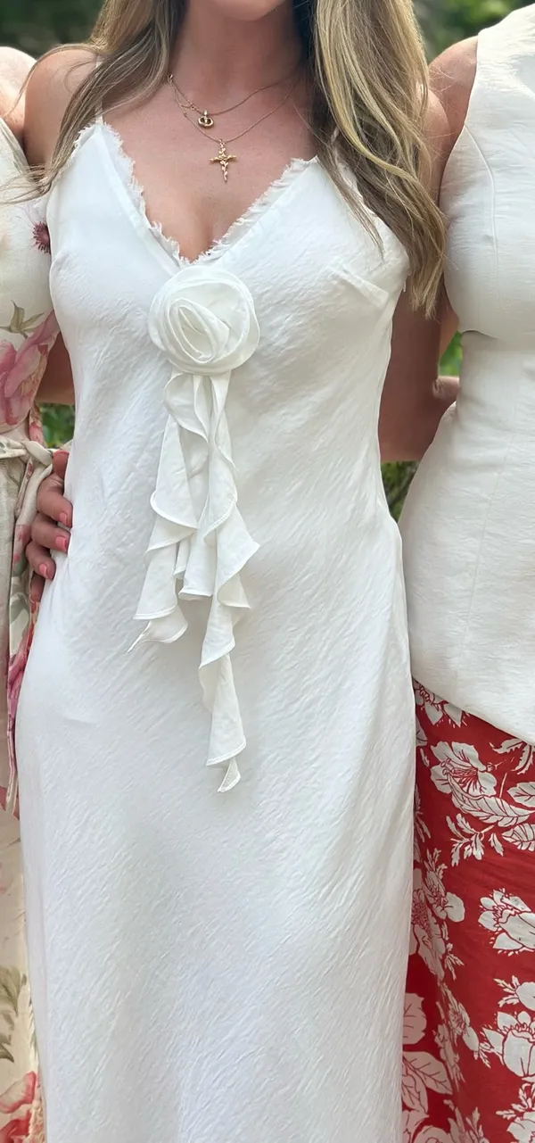 12th Tribe Prosecco White Rosette Frill Maxi Dress - Image 5