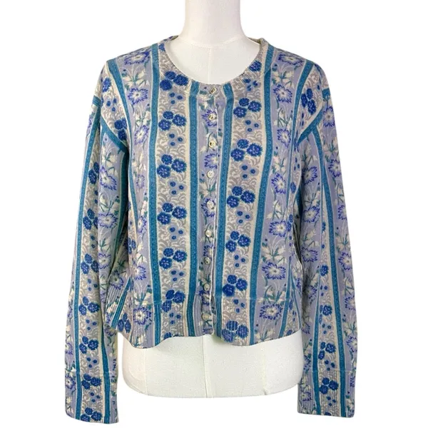 Free People Nocturnal Cashmere Cardi Cardigan Sweater Cottage Blue Floral Large - Image 7