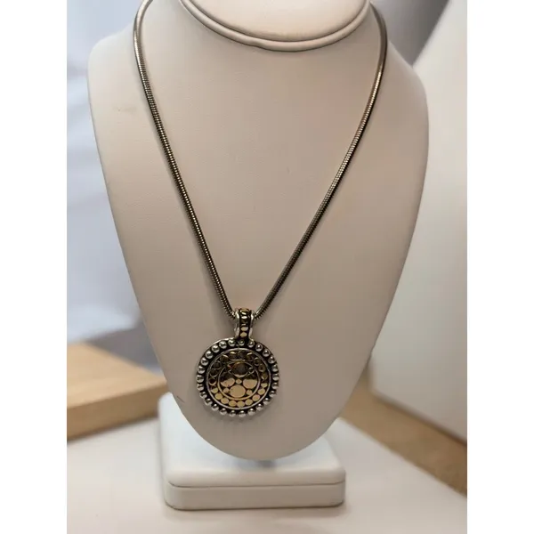 Vintage-Style Gold & Silver-Tone Pendant Necklace With Round Textured Medallion - Image 8