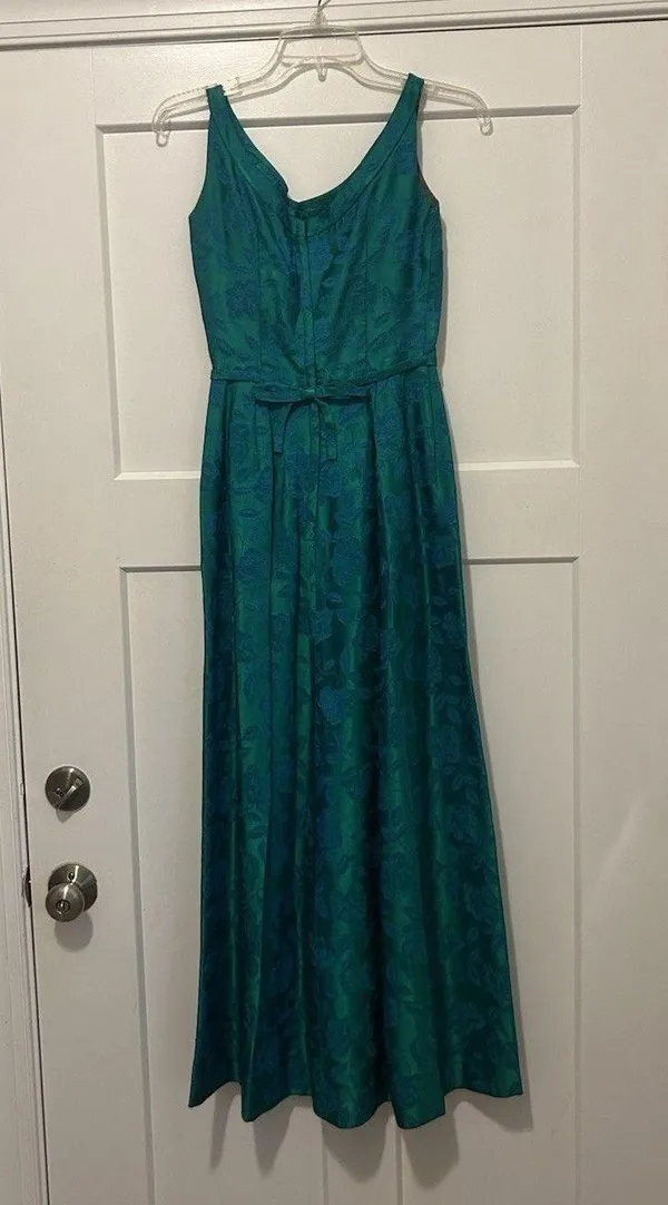Vintage 1950's Original blue green brocade form fitted long gown Costume Theater - Image 7