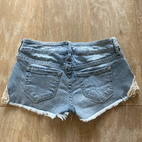 Roxy crochet side distressed destroyed daisy duke denim shorts 0 - Image 2