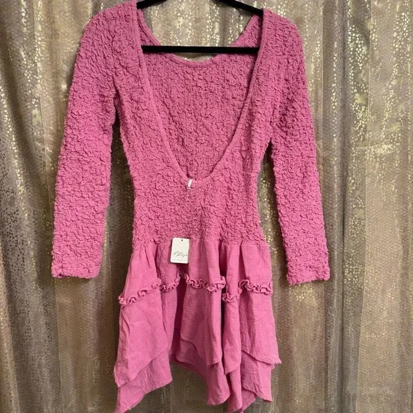 Free People What A Time Textured Long Sleeve Pink Mini Dress XS NWT - Image 2