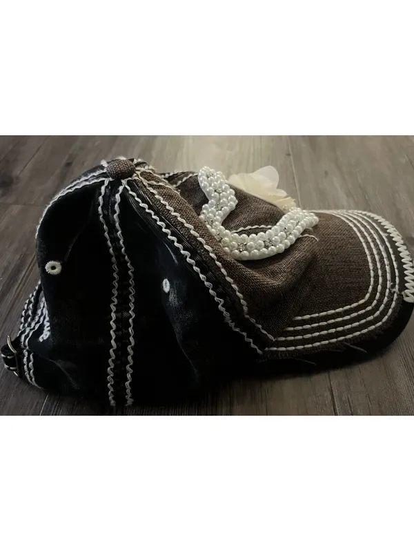 Olive & Pique Beaded Floral Heart Cap Brown Denim Y2K - Image 4