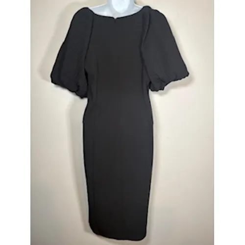 Nina Leonard Sheath Dress Black Pleated Puff Sleeve Midi LBD Elegant Size‎ M - Image 5