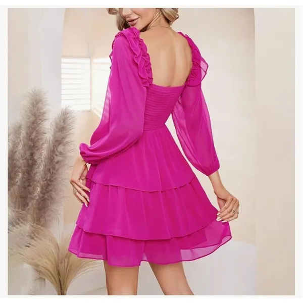 NEW Hot Pink Smocked Ruffle Mini Square Neck Dress M - Image 2