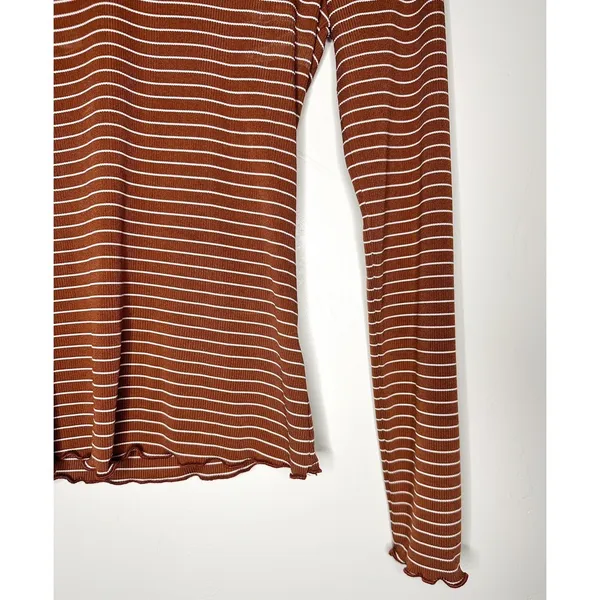 Mikarose Women's XS Rust Striped Ribbed Long Sleeve Top‎ Minimalist Earth Tones - Image 6