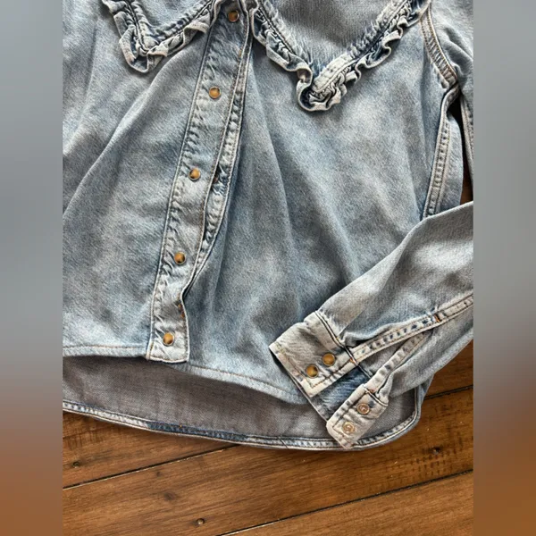 Ganni Peter Pan Collared Ruffle Denim Shirt Indigo Blue 34/XS - Image 9