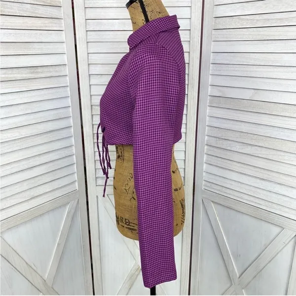 Zara Houndstooth Cropped Polo Top Purple Black‎ Small Long Sleeve Deep V-neck - Image 4