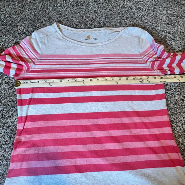Carhartt‎ Womens Pink Striped Roll Tab Long Sleeve Shirt Size L 12-14 Casual Top - Image 4